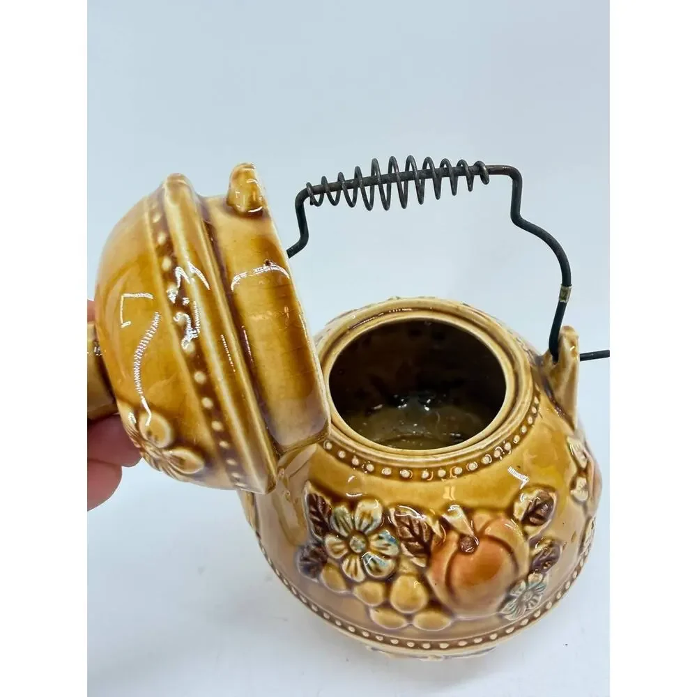 Vintage Brown Ceramic Teapot w Metal Handle Embossed Fruit Floral Rustic Decor